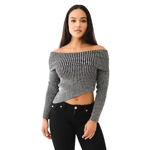 TRUE RELIGION HS LOGO OFF SHOULDER SWEATER WASHED BLACK