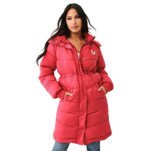 TRUE RELIGION FUR LINED HOODED PUFFER JACKET APPLE RED