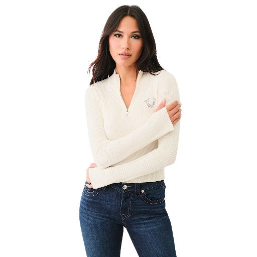TRUE RELIGION CRYSTAL TR ZIP MOCK NECK LS WINTER WHITE