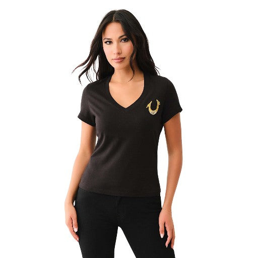 TRUE RELIGION HS OMBRE CRYSTALS V NECK TEE JET BLACK