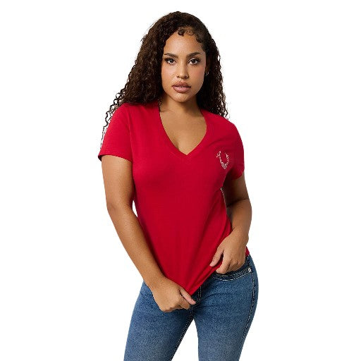TRUE RELIGION HS OMBRE CRYSTALS V NECK TEE APPLE RED