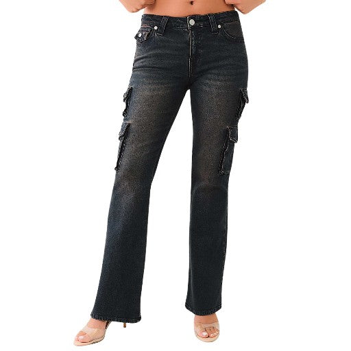 TRUE RELIGION MR BECCA CARGO BOOTCUT FLAP DARK WASH