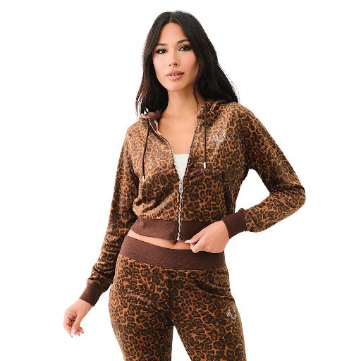 TRUE RELIGION LEOPARD VELOUR ZIP UP HOODIE LEOPARD PRINT