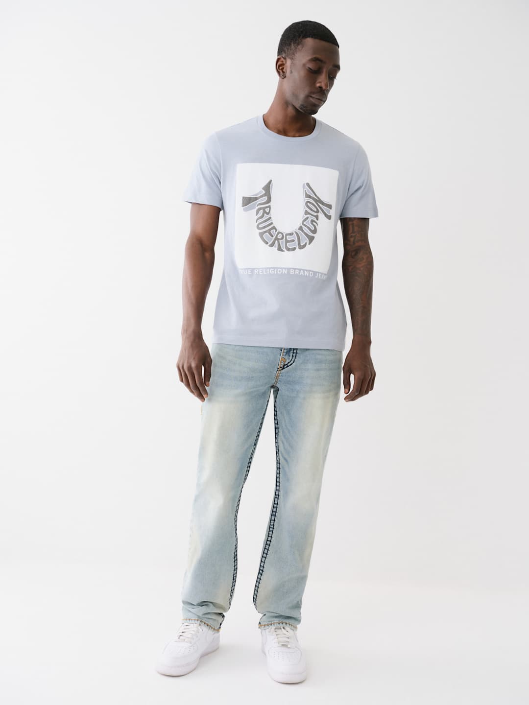 True Religion Horseshoe T-Shirt Warped Logo Powder Blue