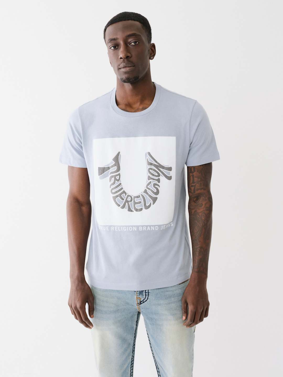 True Religion Horseshoe T-Shirt Warped Logo Powder Blue