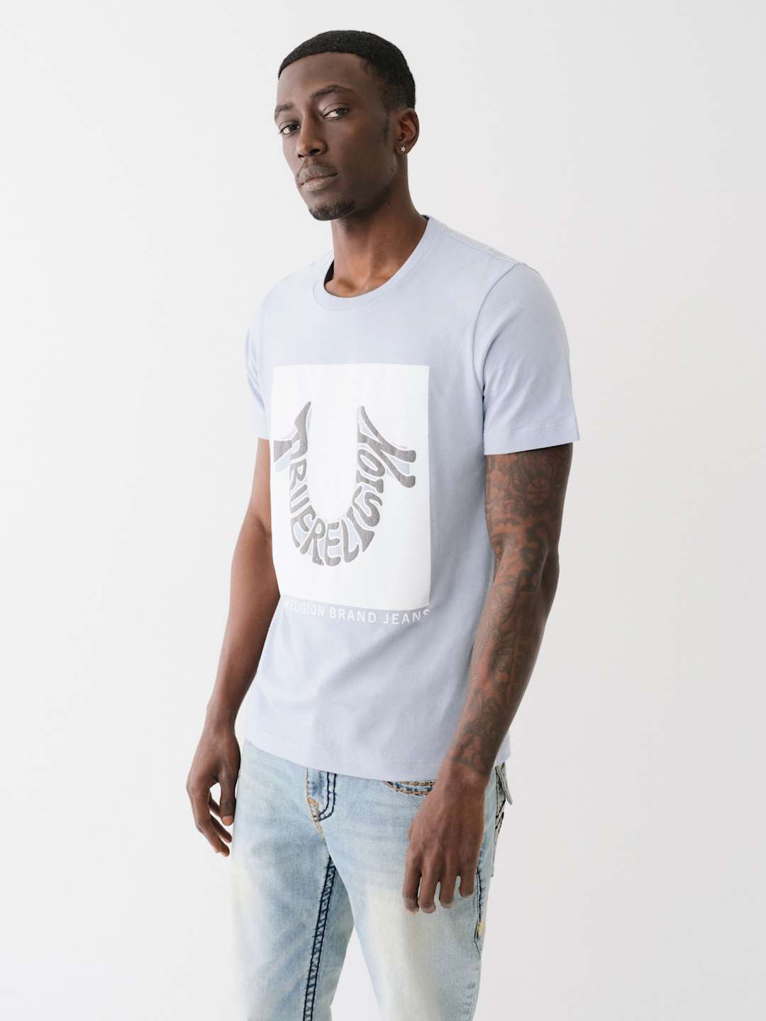 True Religion Horseshoe T-Shirt Warped Logo Powder Blue