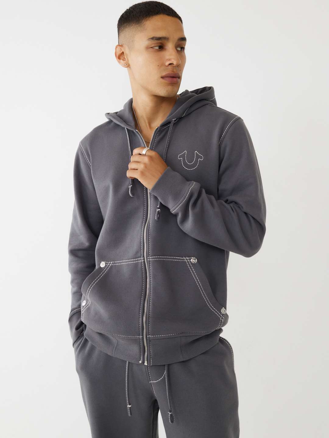 True Religion Sweater Big T Zip Up Hoodie Iron Gate/Winter White