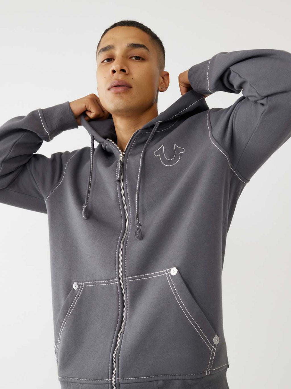 True Religion Sweater Big T Zip Up Hoodie Iron Gate/Winter White