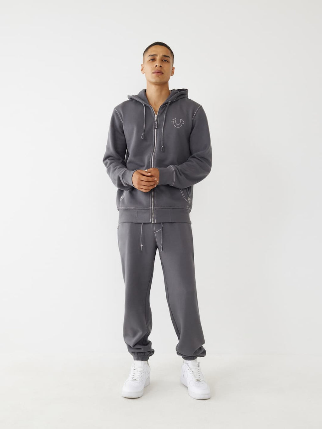 True Religion Sweater Big T Zip Up Hoodie Iron Gate/Winter White