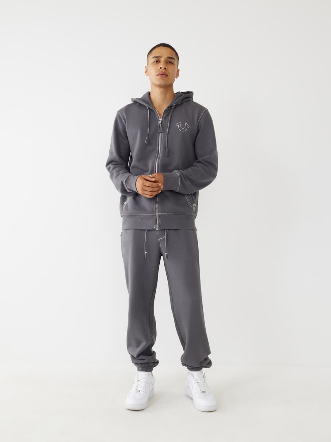 True Religion Sweater Big T Zip Up Hoodie Iron Gate/Winter White