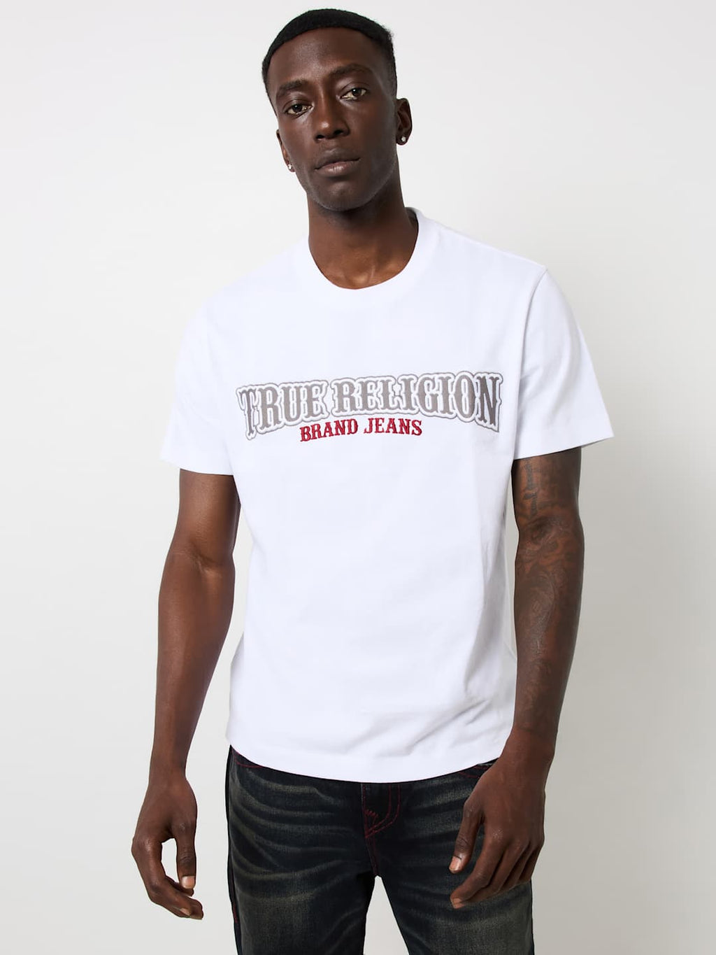 True Religion Crew Railroad Embro Tee Optic White