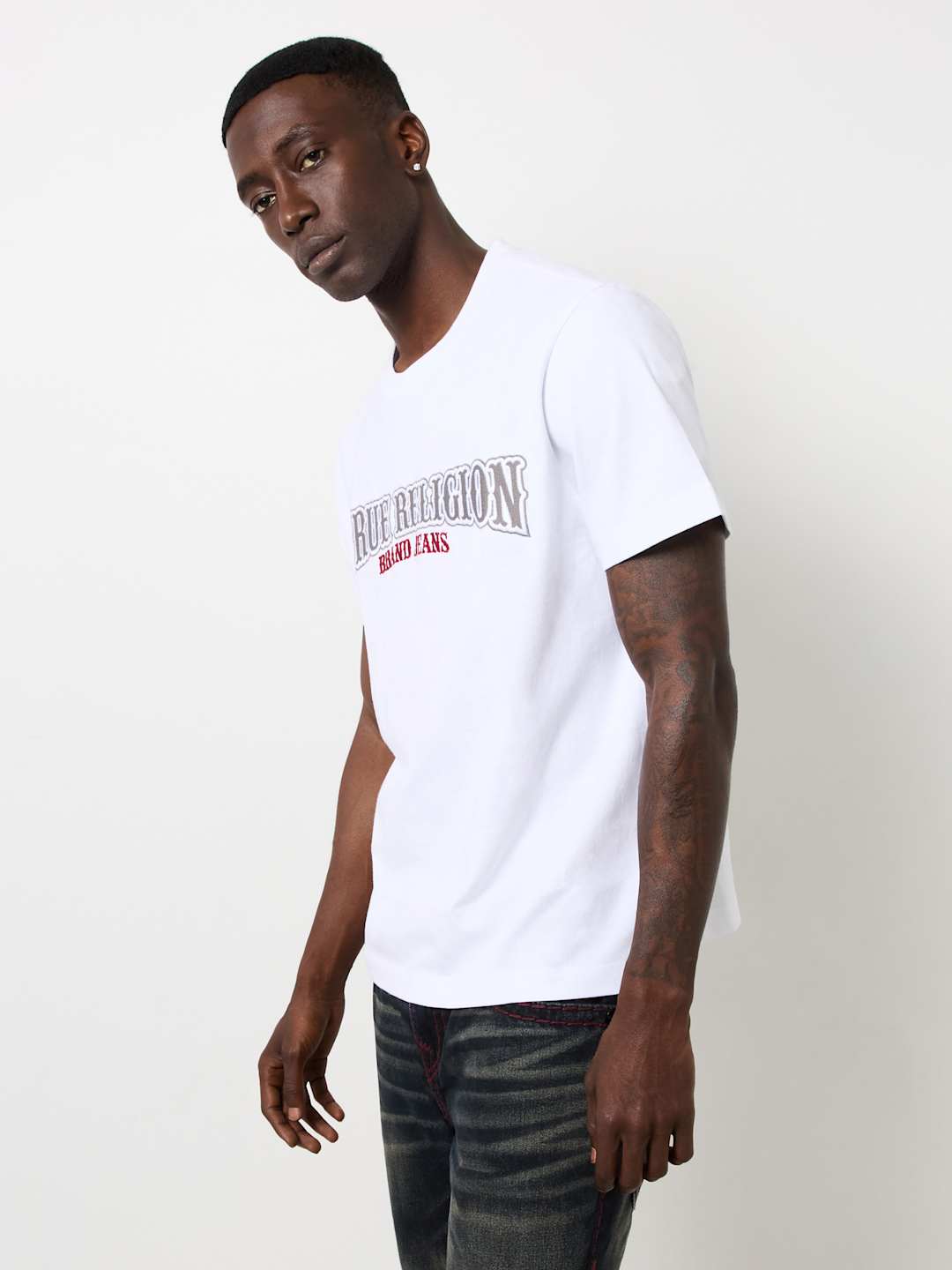 True Religion Crew Railroad Embro Tee Optic White