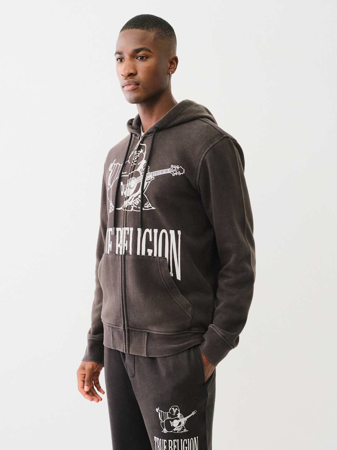 True Religion Sweater Vinatge Crackle Zip Up Hoodie Jet Black
