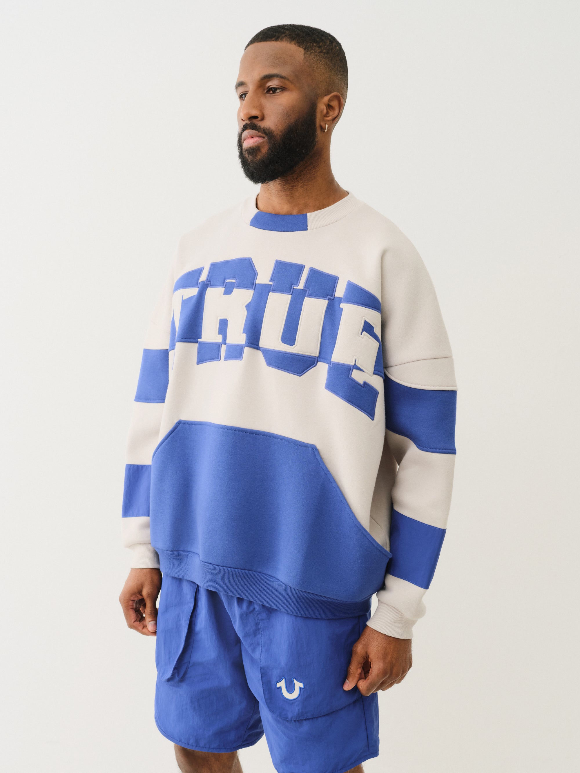 True Religion Curved Embro Sweatshirt Quiet Grey / Mazarine Blue