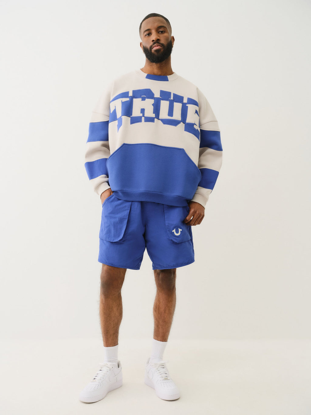 True Religion Curved Embro Sweatshirt Quiet Grey / Mazarine Blue