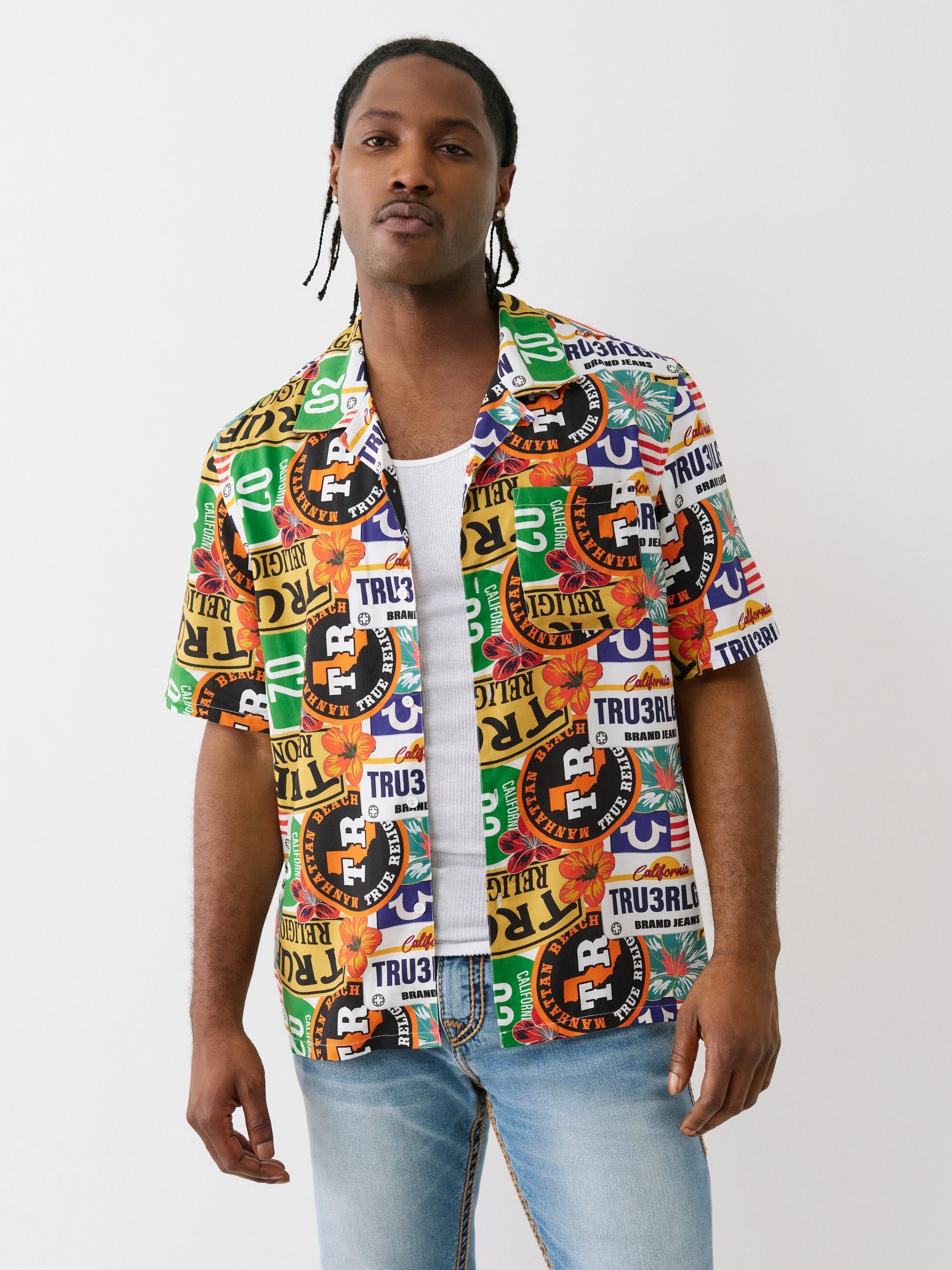 True Religion Ss Camp Shirt Allover Prnt White- Mix