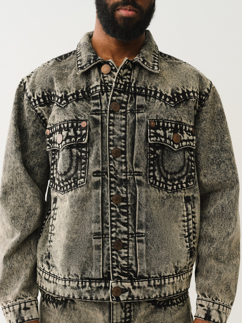 True Religion Super T Oversized Denim Jacket Retro Active Acid Wash