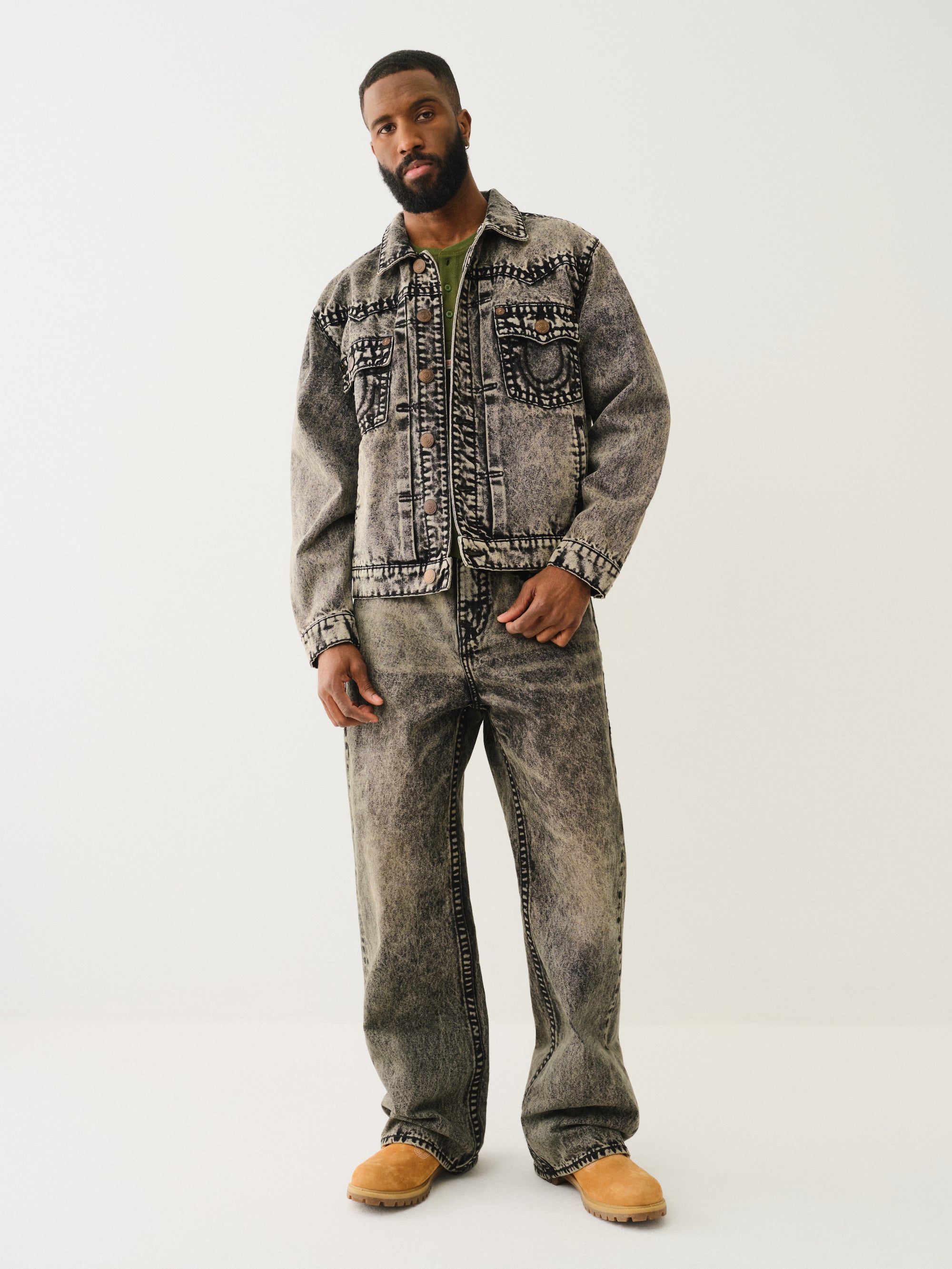 True Religion Super T Oversized Denim Jacket Retro Active Acid Wash