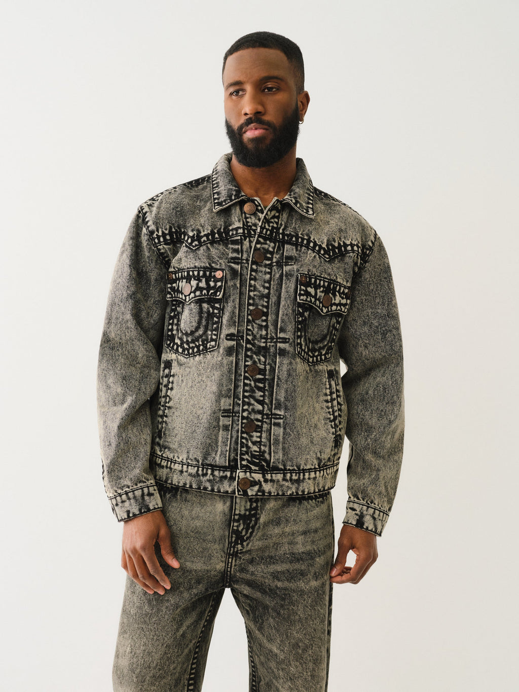 True Religion Super T Oversized Denim Jacket Retro Active Acid Wash