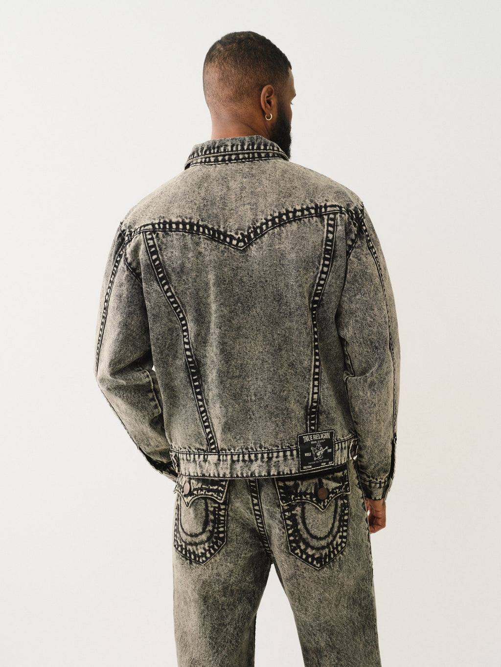 True Religion Super T Oversized Denim Jacket Retro Active Acid Wash