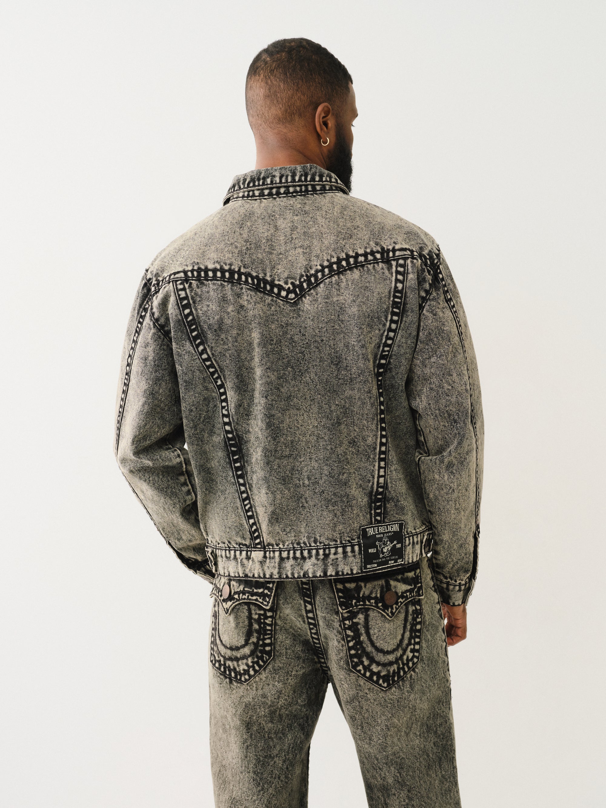 True Religion Super T Oversized Denim Jacket Retro Active Acid Wash