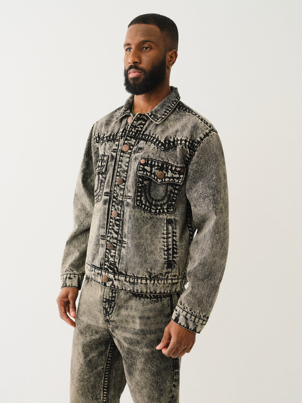 True Religion Super T Oversized Denim Jacket Retro Active Acid Wash