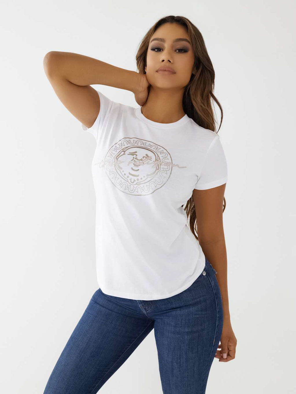 True Religion Buddha T-Shirt Ladies Crystal Slim Optic White