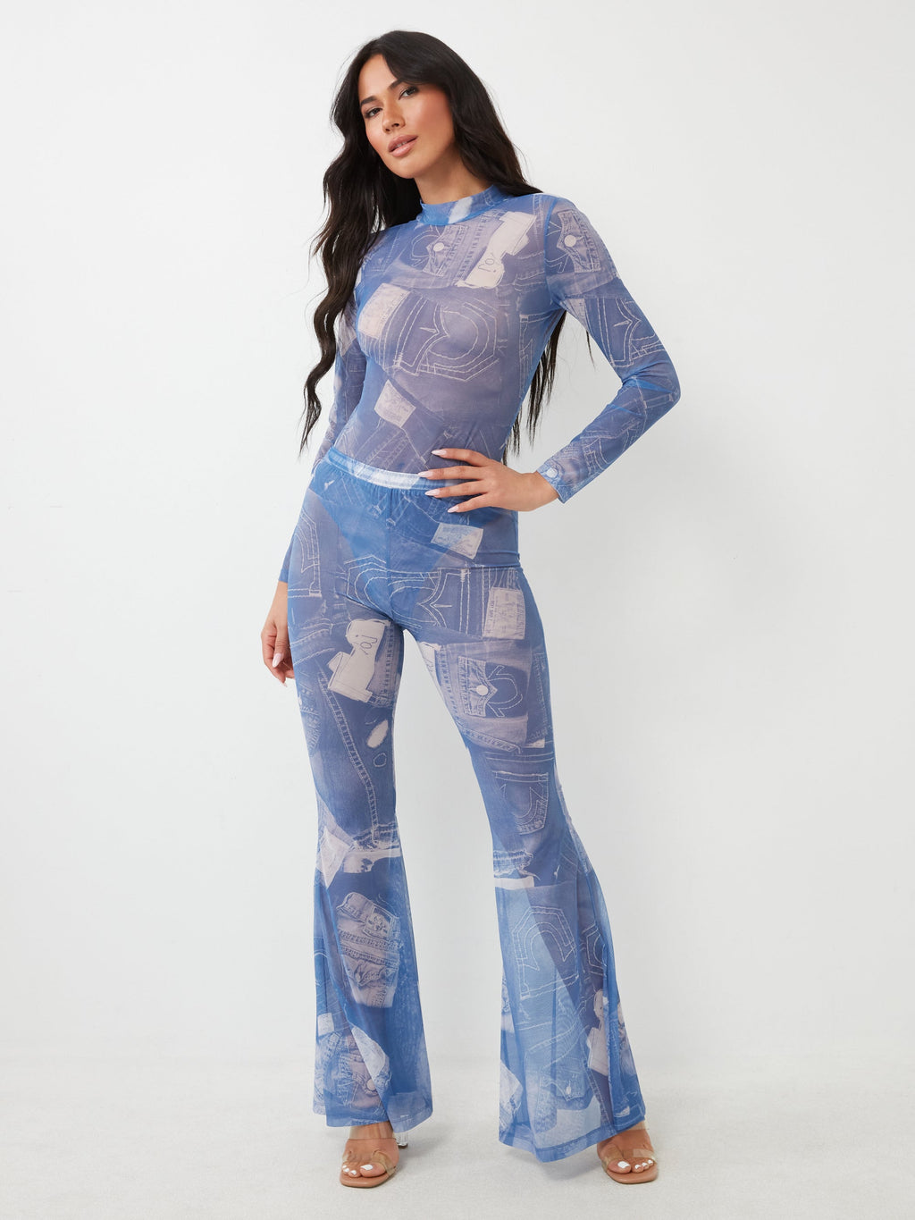 True Religion Mesh Denim Printed Bodysuit Blue