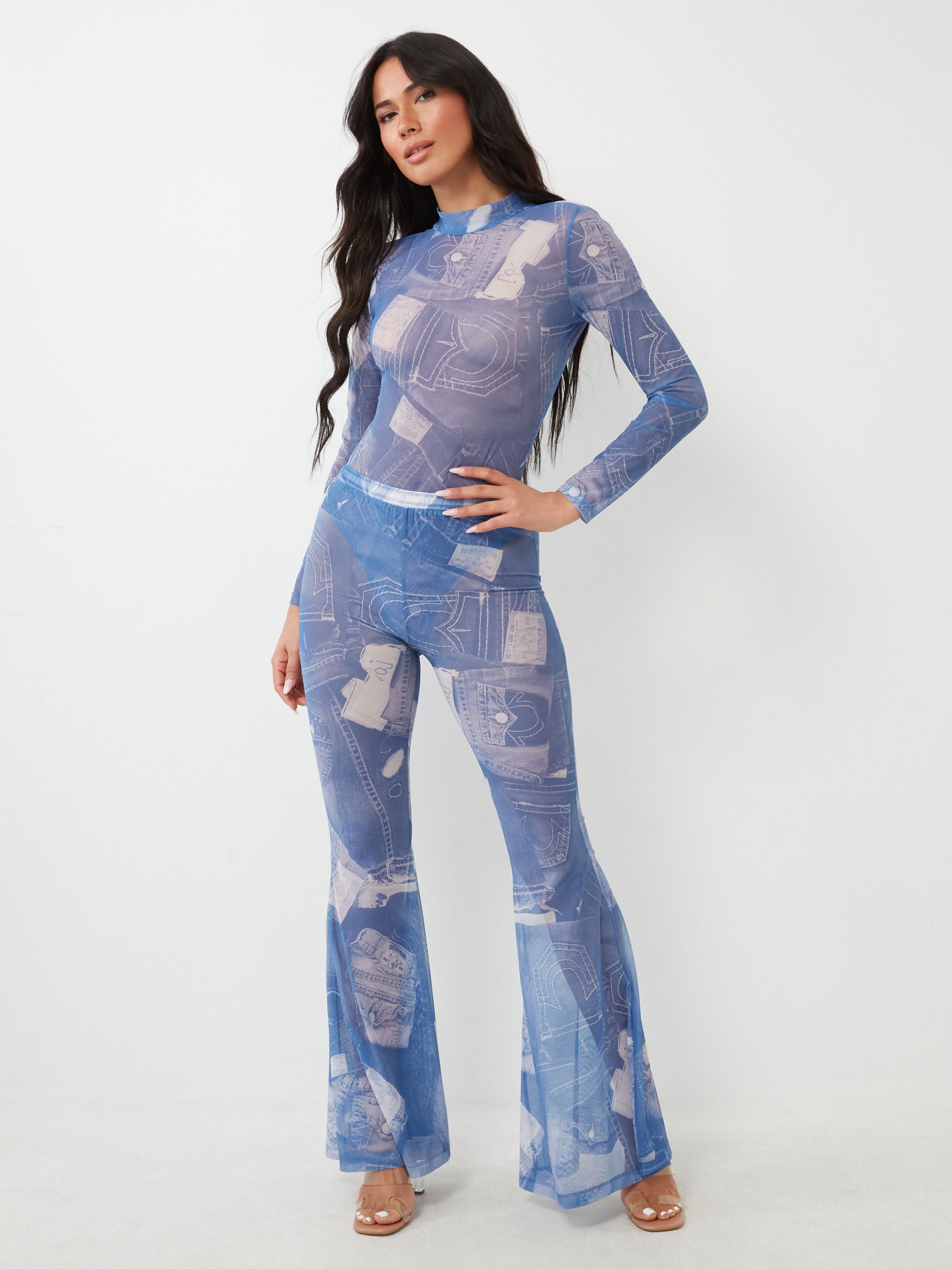 True Religion Mesh Denim Printed Bodysuit Blue