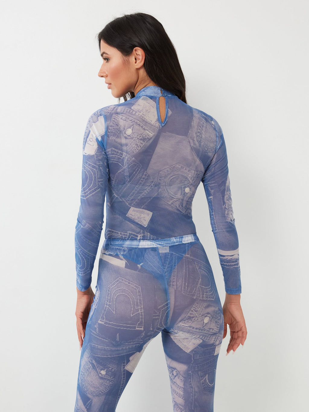 True Religion Mesh Denim Printed Bodysuit Blue