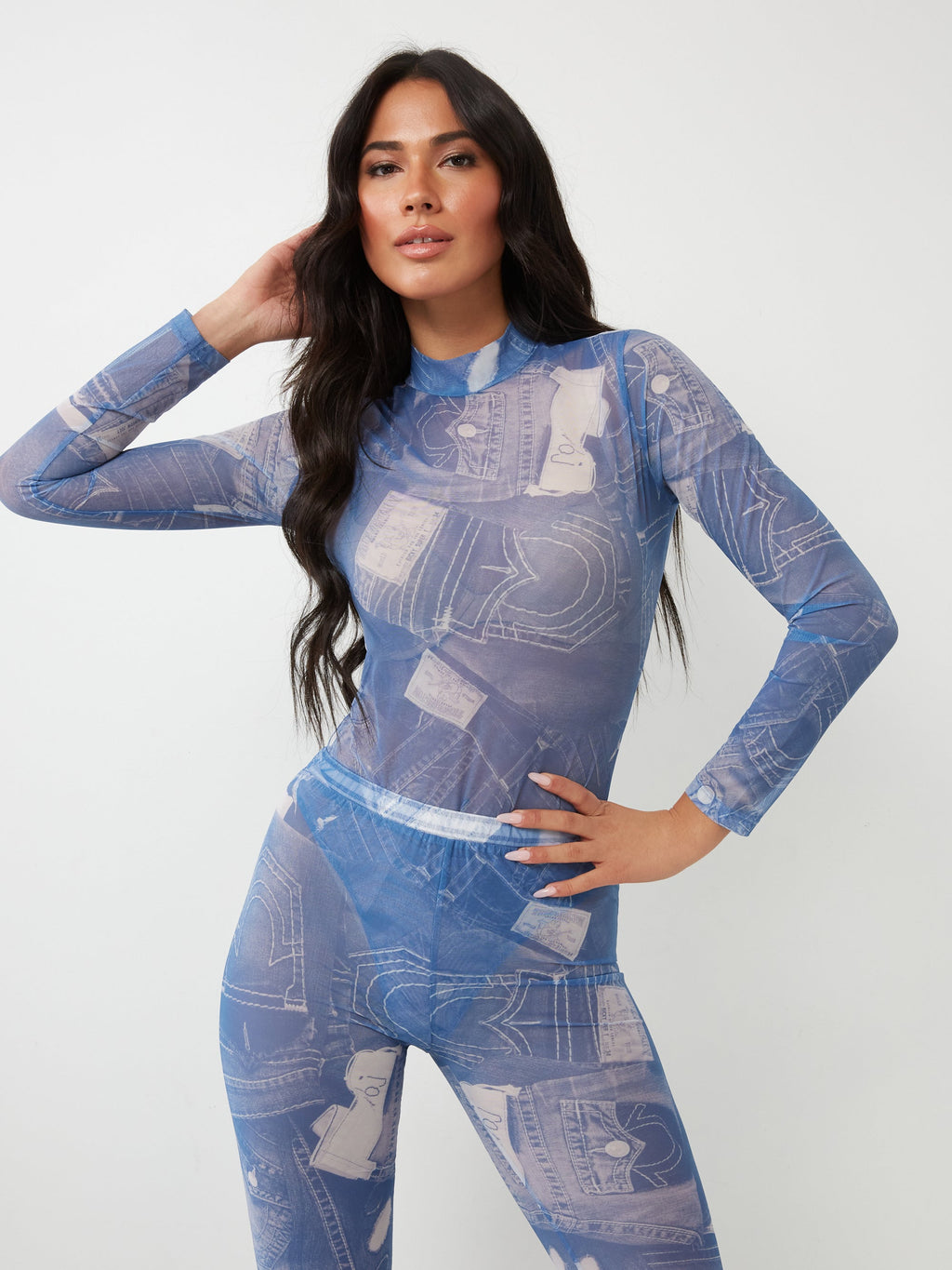 True Religion Mesh Denim Printed Bodysuit Blue