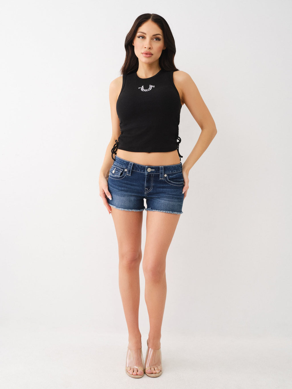 True Religion Embroidered Tank Side Ruched Jet Black