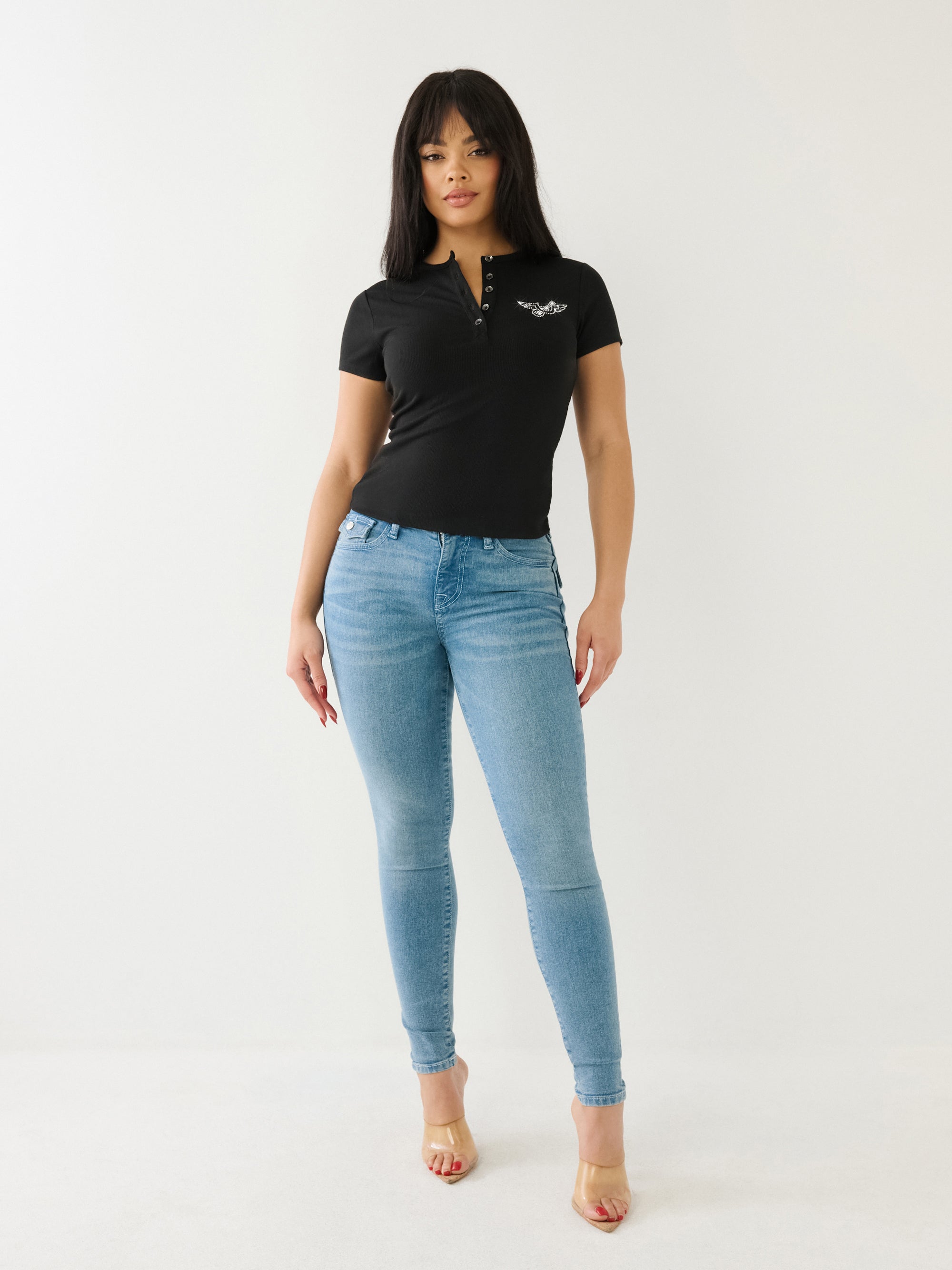 True Religion Crystal Retro T-Shirt Henley Jet Black