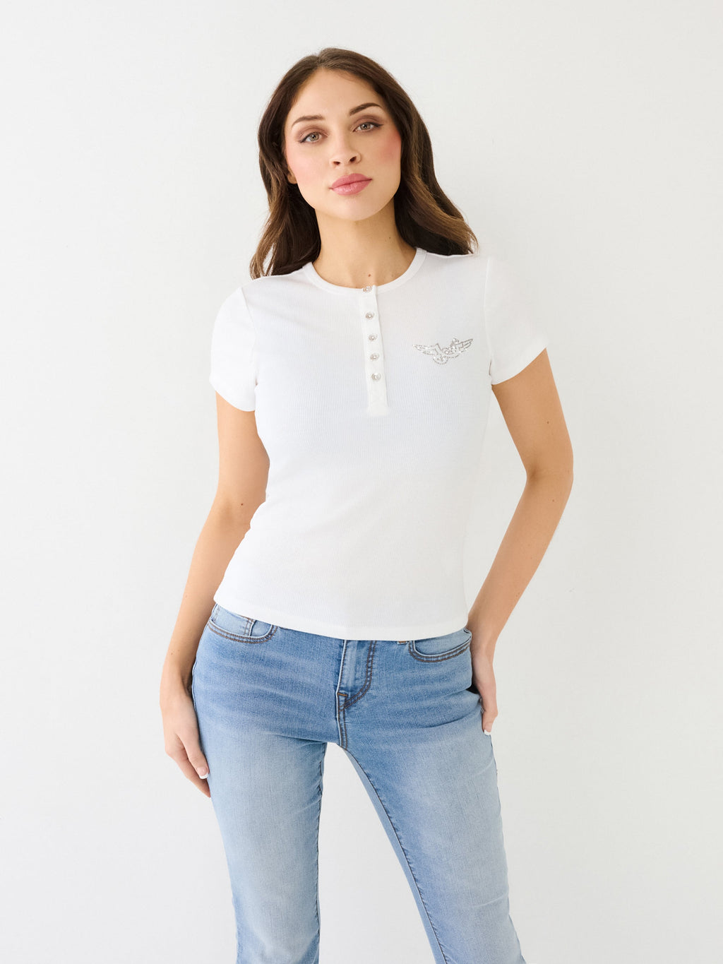 True Religion Crystal Retro T-Shirt Henley Optic White