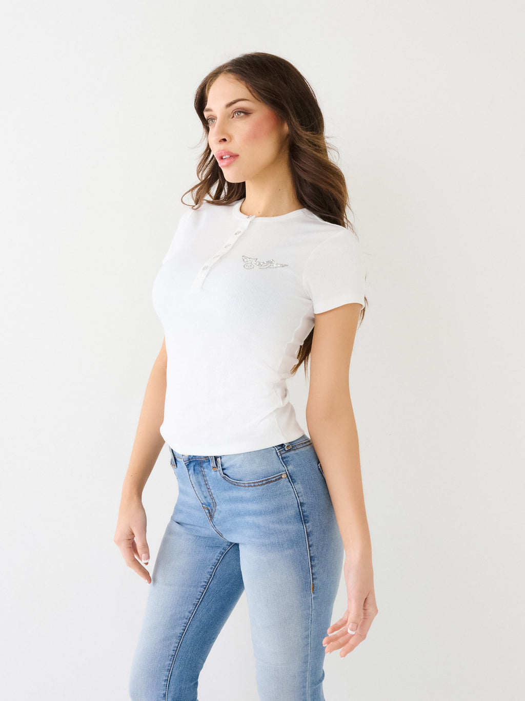 True Religion Crystal Retro T-Shirt Henley Optic White
