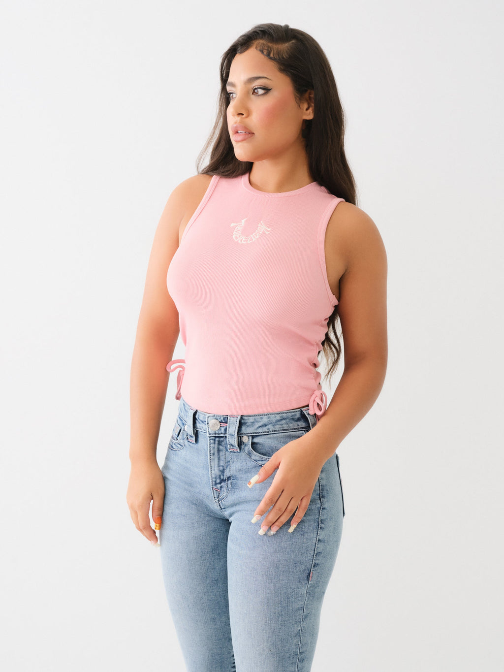 True Religion Embroidery Tank Side Ruched Rosebud