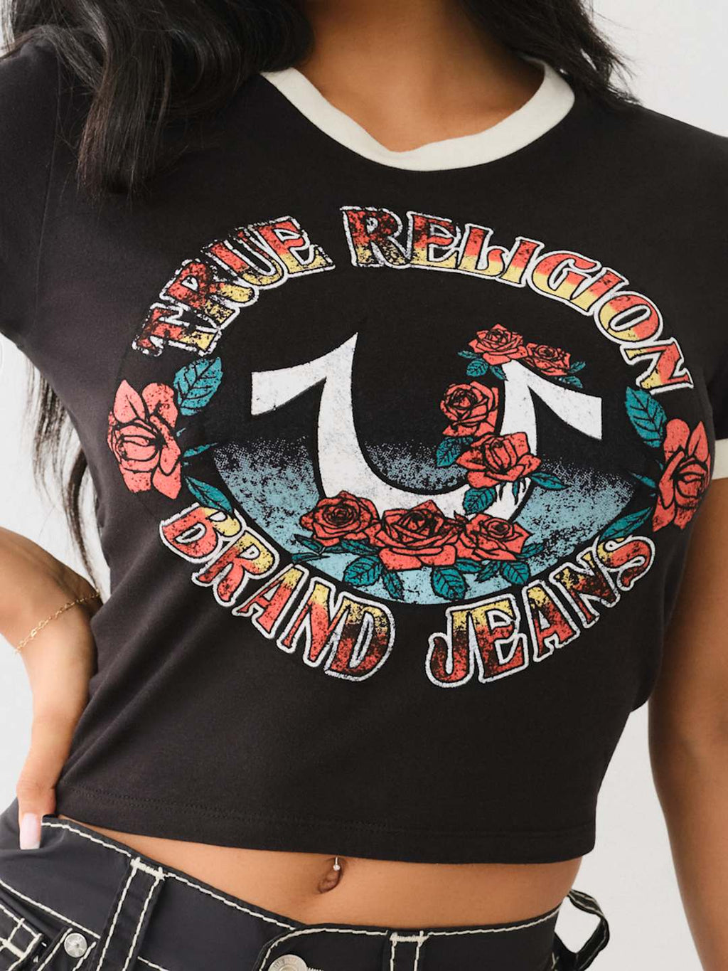 True Religion Retro T-Shirt Rose Ringer Black