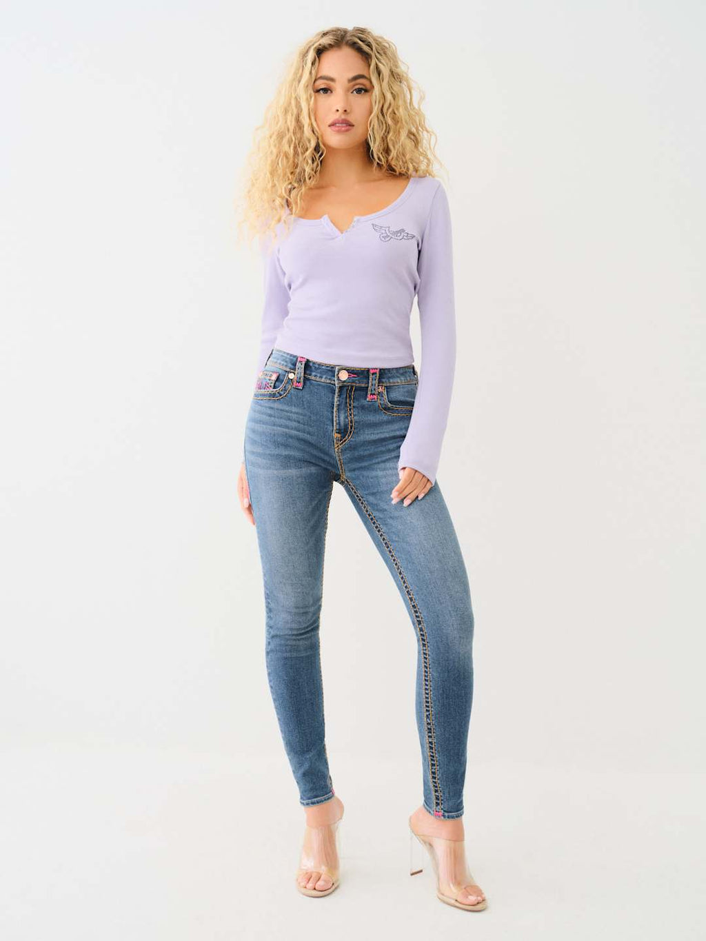 True Religion Scoop Neck T-Shirt Henley Rib Heirloom Lilac