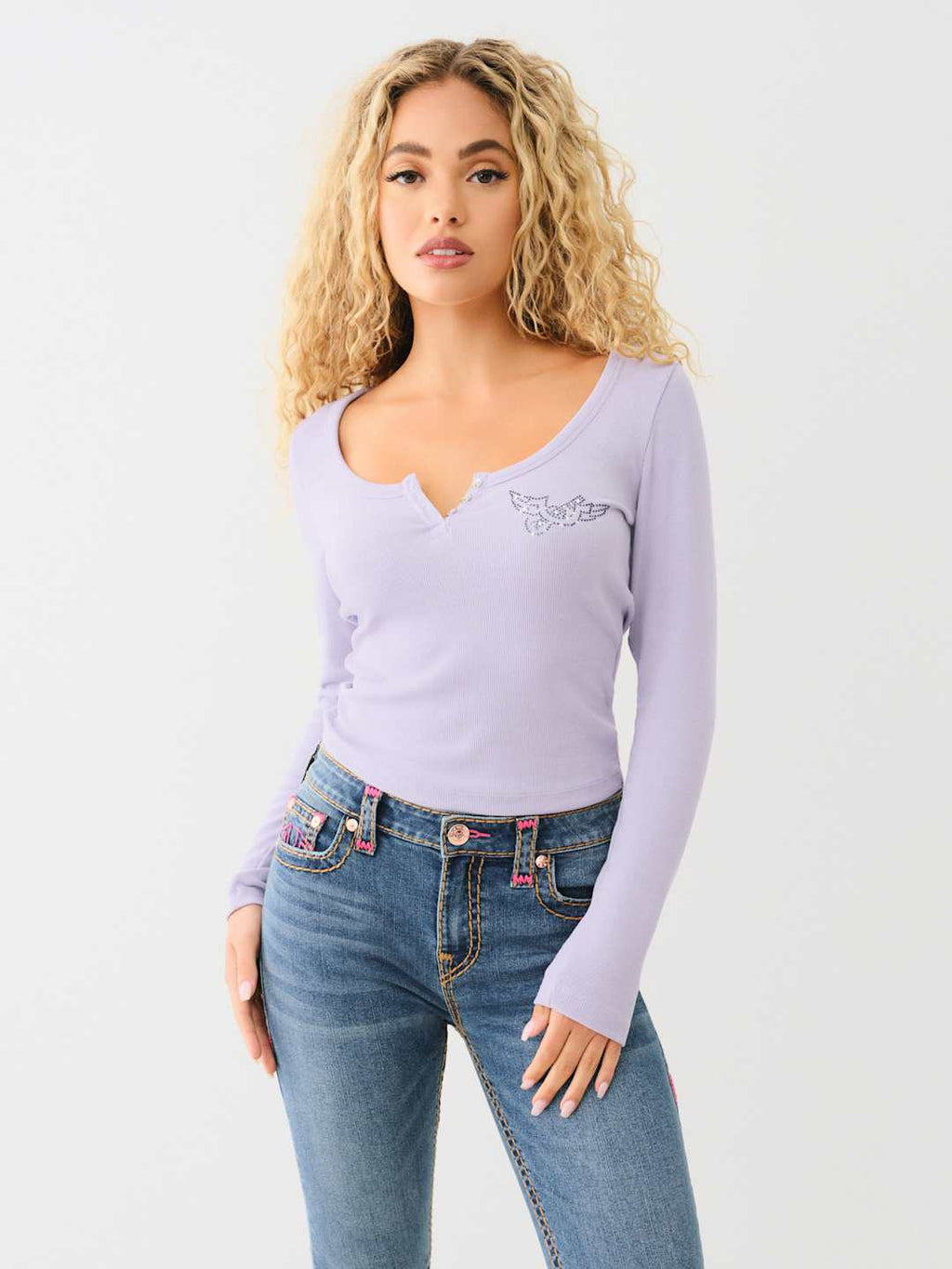 True Religion Scoop Neck T-Shirt Henley Rib Heirloom Lilac