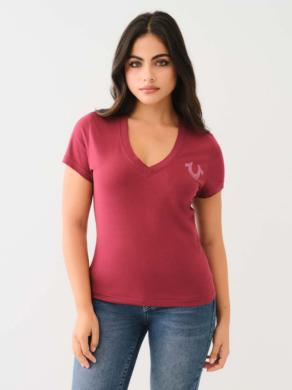 True Religion Crystal V-Neck T-Shirt Cordovan