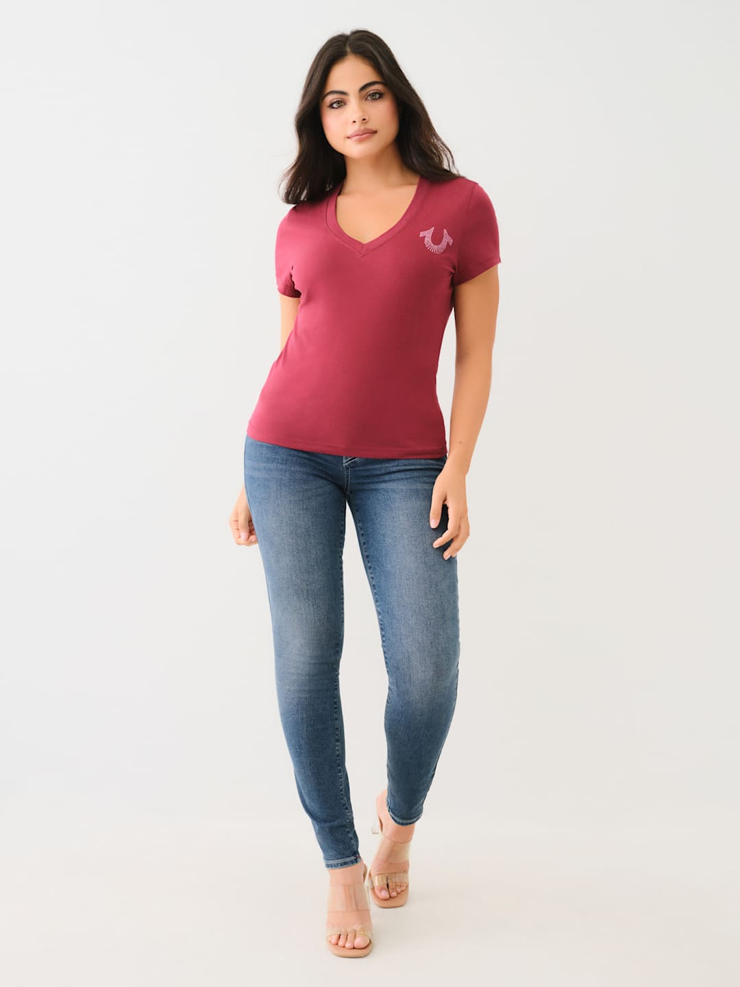 True Religion Crystal V-Neck T-Shirt Cordovan