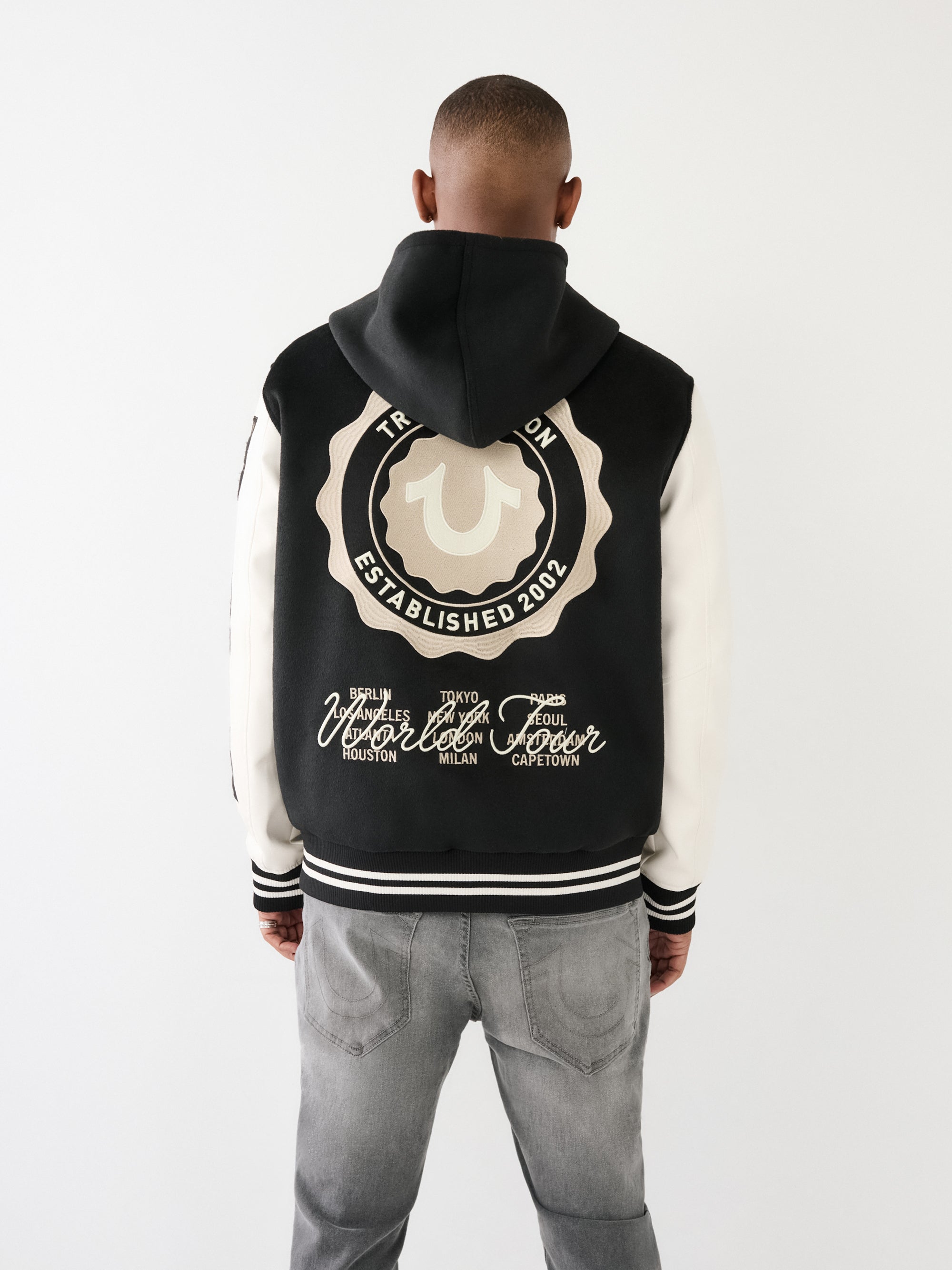 True Religion Varsity Jacket Hooded Jet Black-White