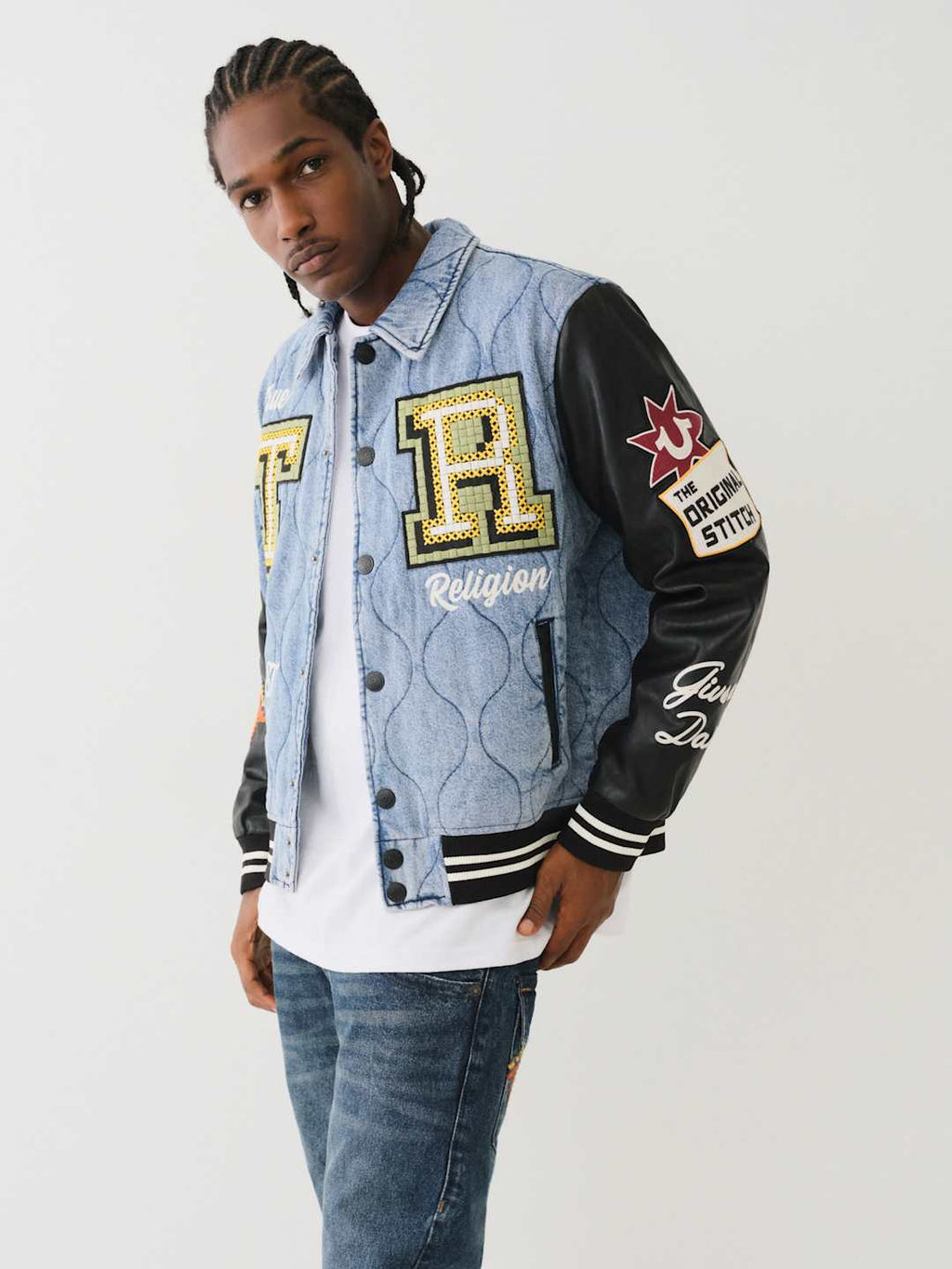 True Religion Varsity Jacket Quilted Denim Wild Bill-Jet Black