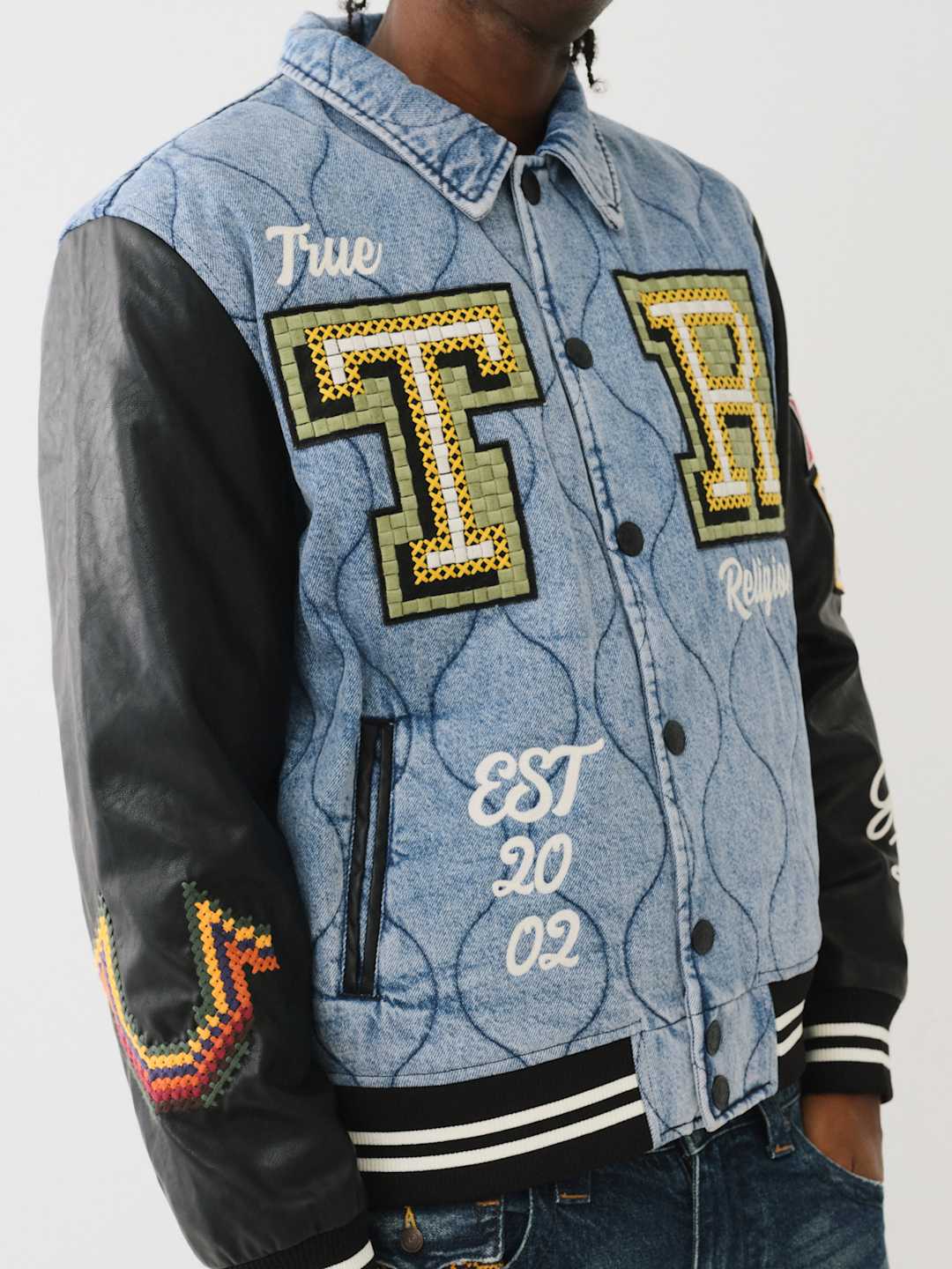 True Religion Varsity Jacket Quilted Denim Wild Bill-Jet Black