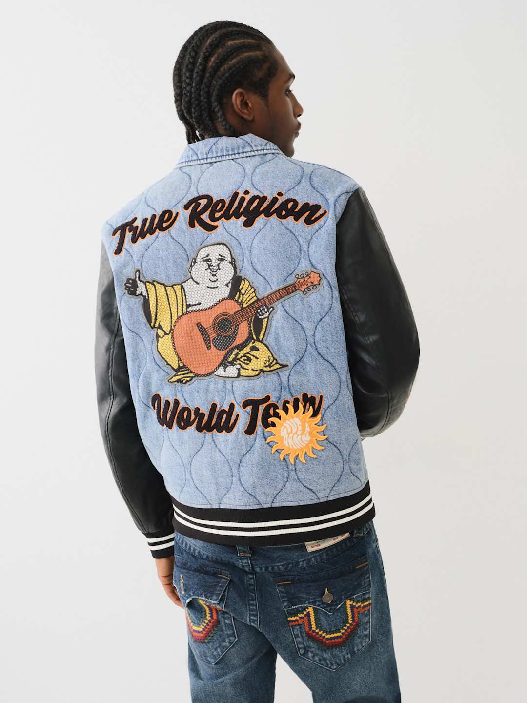 True Religion Varsity Jacket Quilted Denim Wild Bill-Jet Black