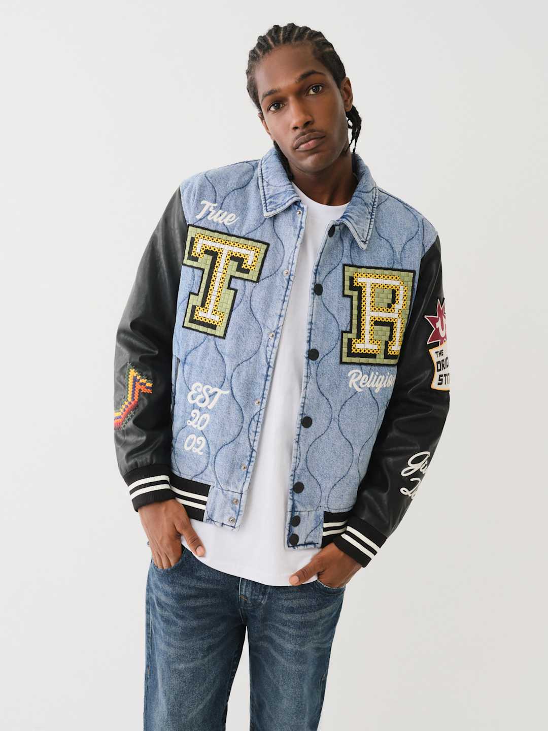 True Religion Varsity Jacket Quilted Denim Wild Bill-Jet Black