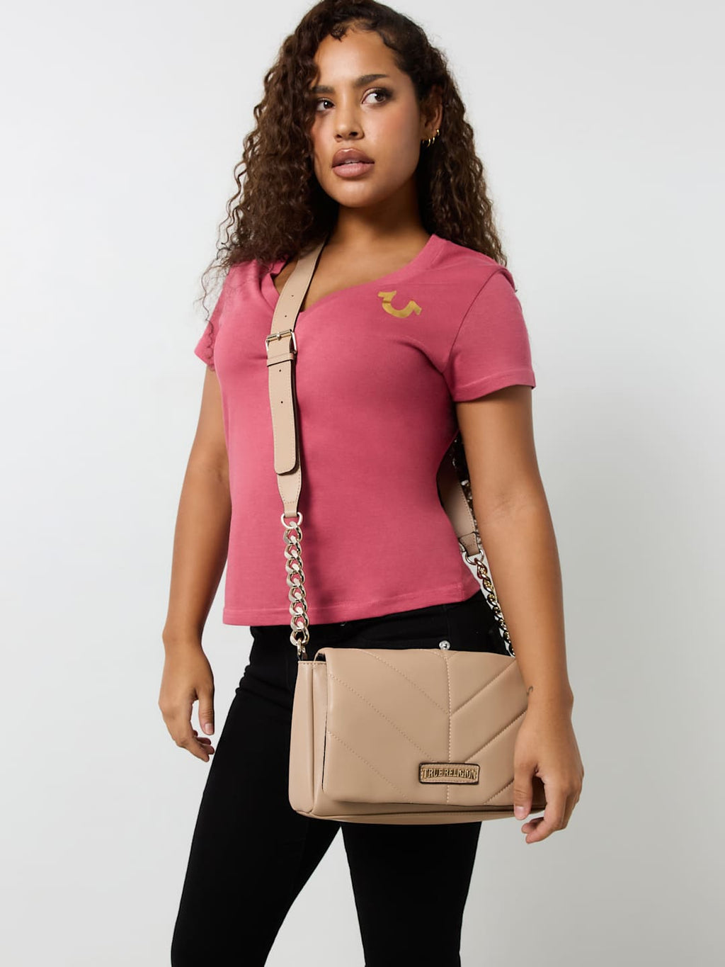 True Religion Crossbody Bag Quilted Logo Beige