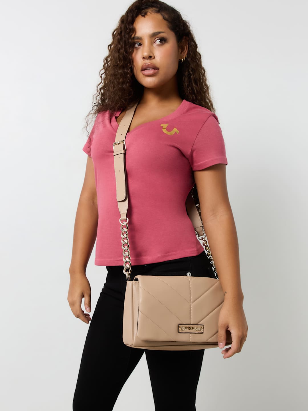 True Religion Crossbody Bag Quilted Logo Beige