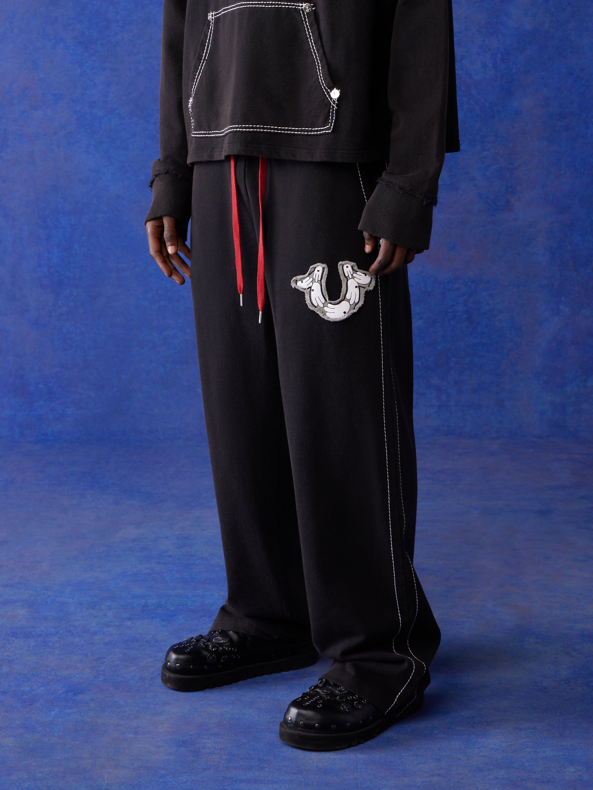 True Religion Blu X Track Pants Wide Leg Faint Black