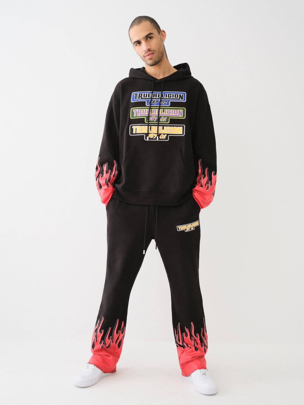 True Religion Stacked Moto Track Pants Flame Jet Black